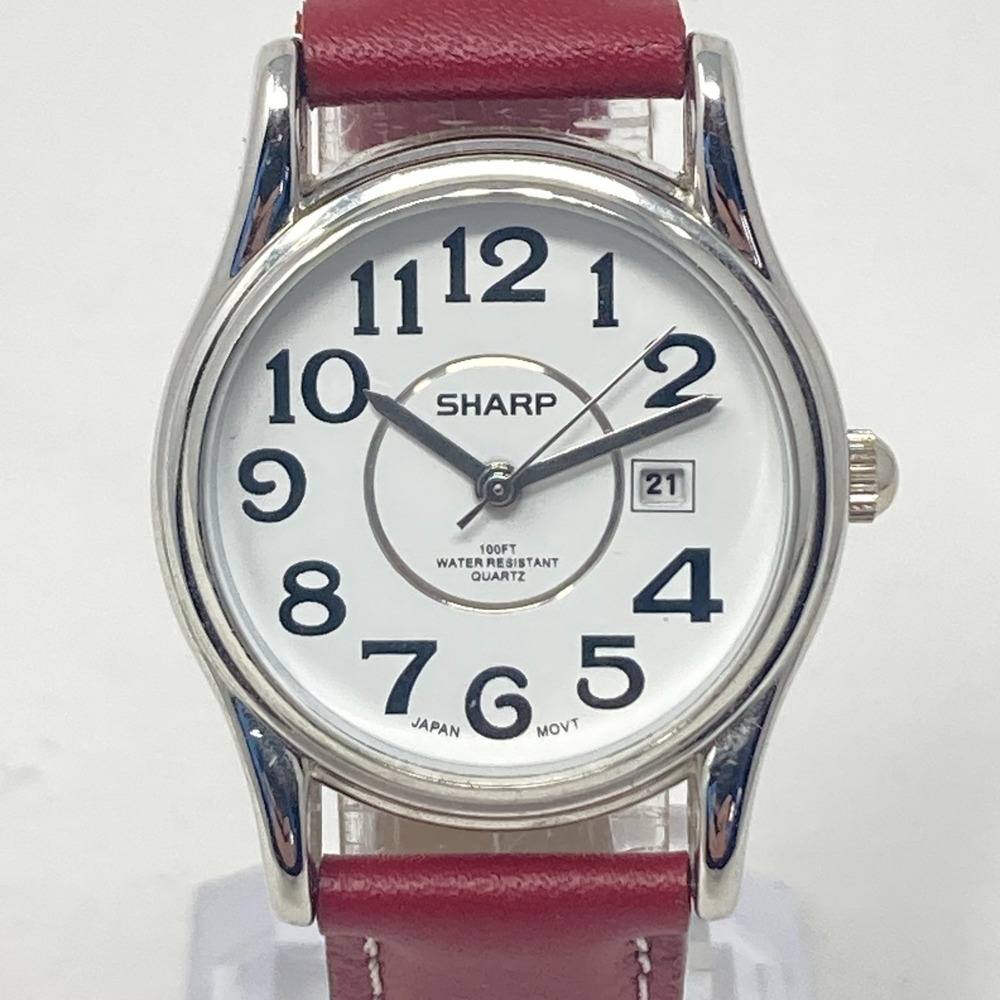 Sharp Womens Easy Reader Watch 29mm Silver Tone Date Red Leather 30M New Battery